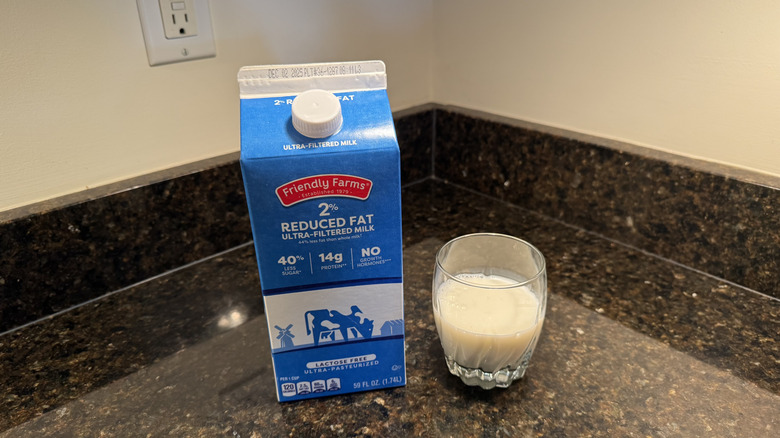 Friendly Farms ultra-filtered milk on countertop