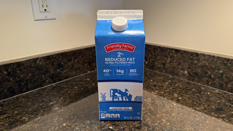 Friendly Farms ultra-filtered milk on counter