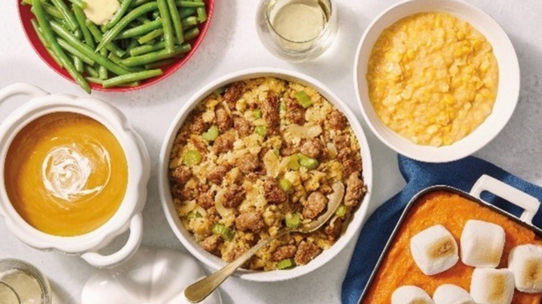 various thanksgiving dishes on table