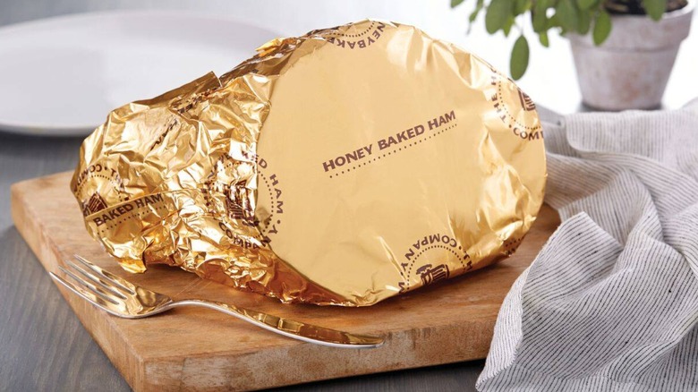 A wrapped Honey Baked Ham