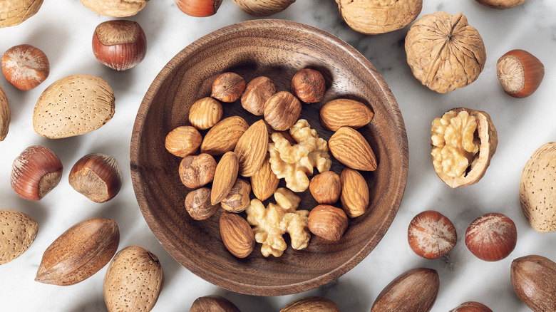 Bowl of almonds, walnuts, and hazelnuts