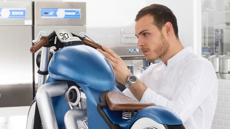 Amaury Guichon with a chocolate motorcycle sculpture