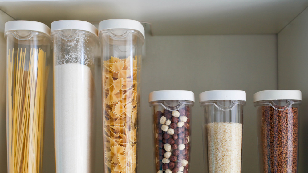 Non-perishable food organised into containers