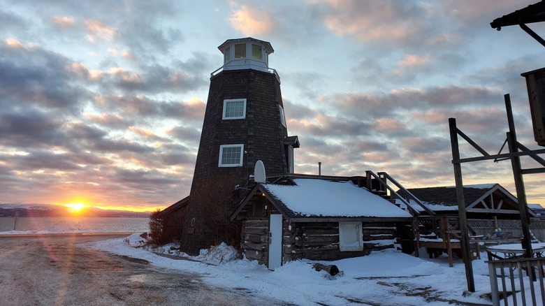 Salty Dawg Saloon's building on a snowy day