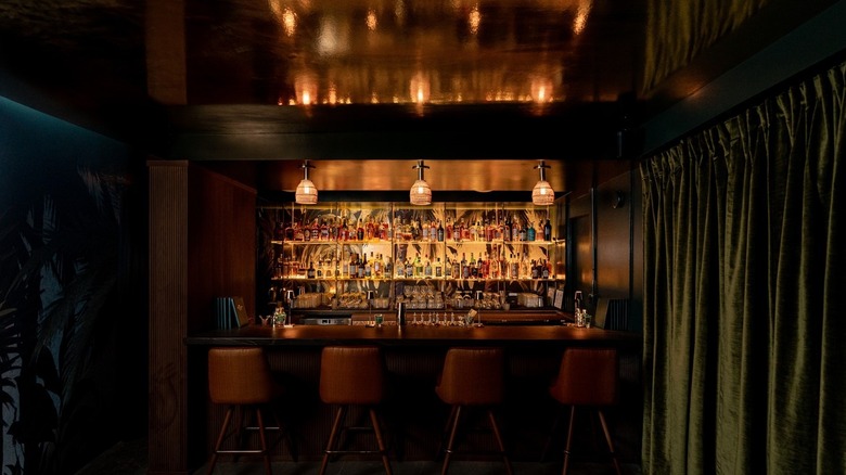 Onside of the Green Lady Cocktail Room. a bar with bottles on a wall