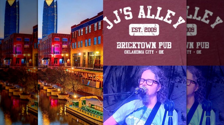 collage of 3 pictures. at city at night on the first one, the second is a logo that reads "JJ'S ALLEY, Est. 2009 bricktown pub, oklahoma city. ok", and the third one is a man singing on the bar's stage.