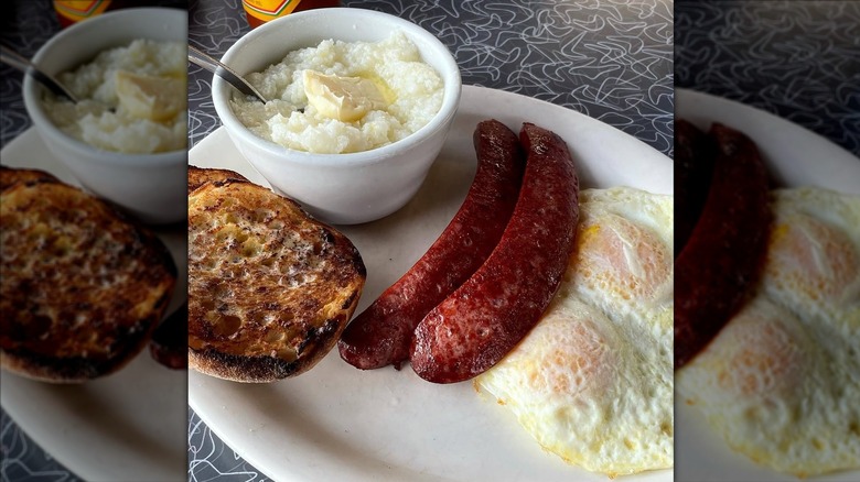 A plate of reindeer sausage, eggs, and grits from Judy's Cafe