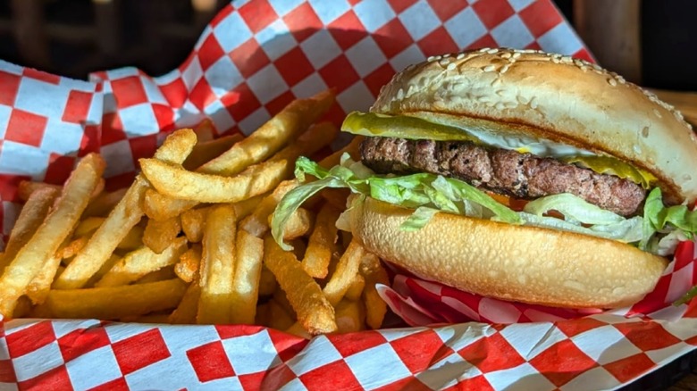 A burger and fries at Outpost Cafe