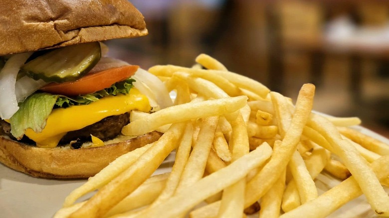 French fries and a cheeseburger on a brioche bun at Middleton Diner