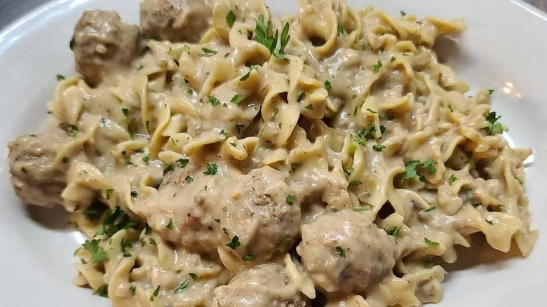 A plate of Swedish meatballs and egg noodles at Frank's Diner