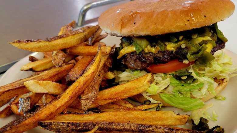 Burger and fries at El Jacalito
