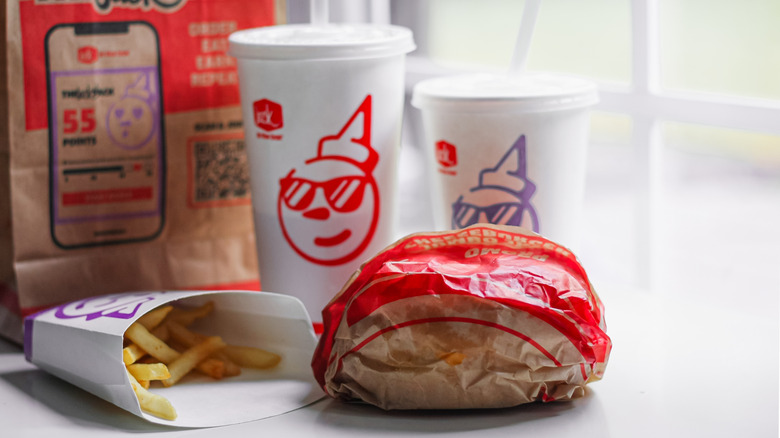 A sandwich, fries, and drinks from Jack in the Box