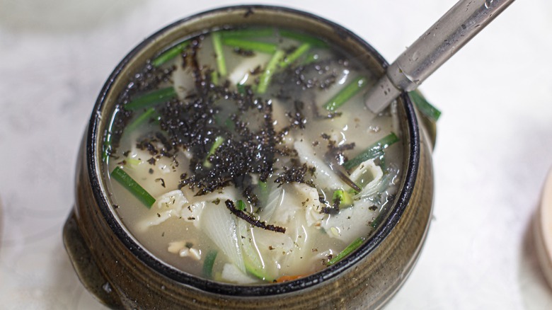 Bowl of soup with broth