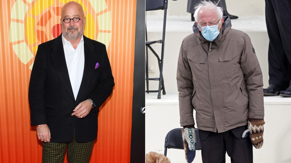 Andrew Zimmern posing and Bernie Sanders in mittens