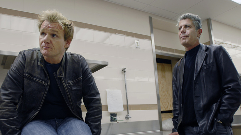 Gordon Ramsay and Anthony Bourdain in commercial kitchen.