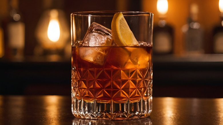 A closeup of a well-made Sazerac on a classy bartop against blurred bottles