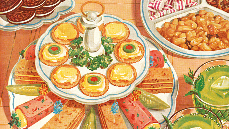 Art depiction of retro appetizer spread