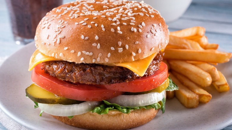 A veggie burger with fries on the right side resting on a white plate.