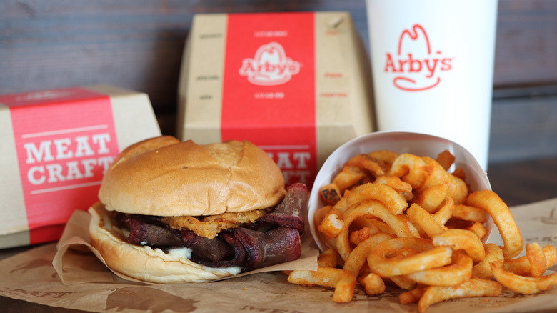 arby's brisket sandwich with curly fries and drink