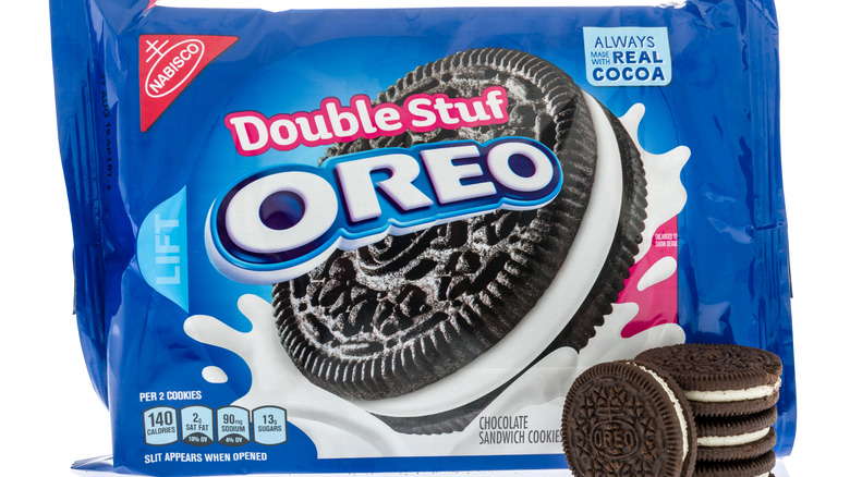 Package of Double Stuf Oreos with stack of Oreos in front