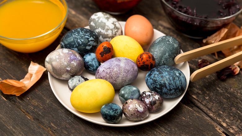 Dyed Easter eggs on plate