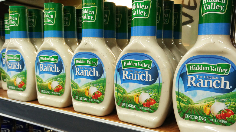 A shelf lined with Hidden Valley Ranch