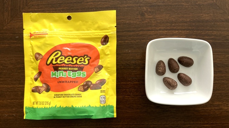 Reese's mini eggs in the packet and in a bowl