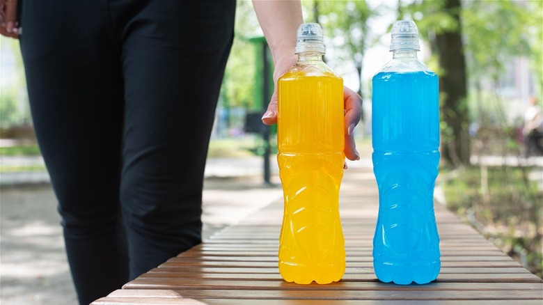 Sports drinks on park bench