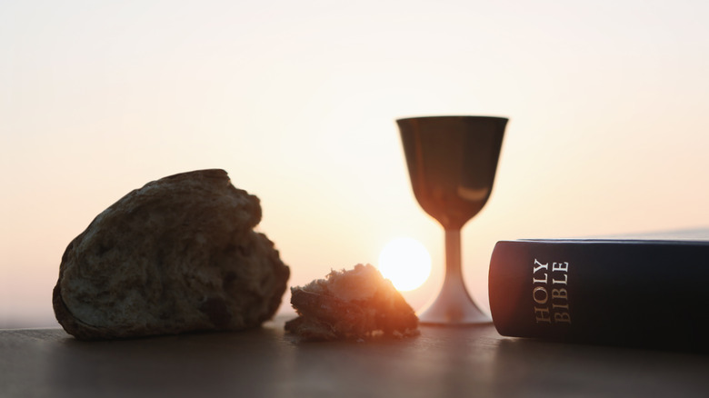 bread with wine and Bible