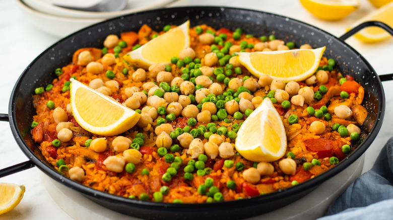 vegan paella in paella pan