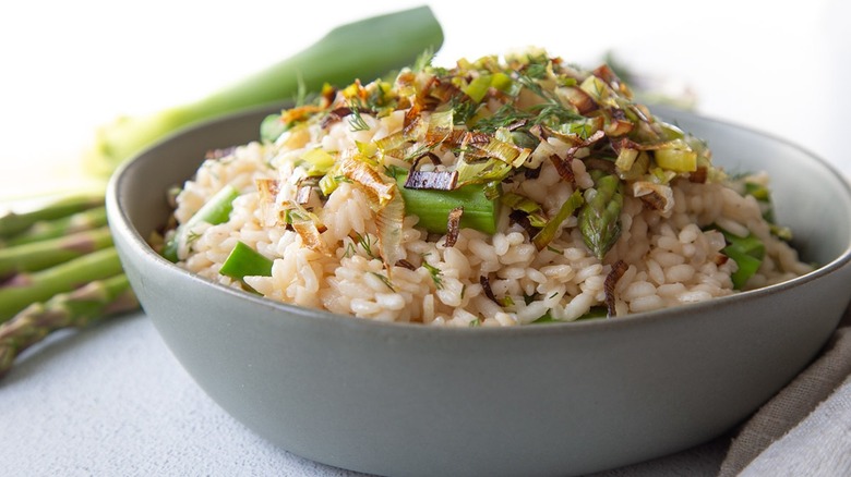 asparagus leek risotto in bowl