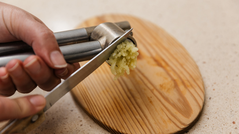 Hand holding knife and garlic press