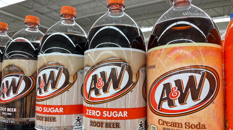 Bottles of A&W on a grocery shelf