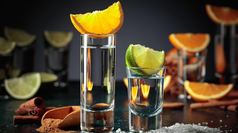 Shots of tequila with lime and orange