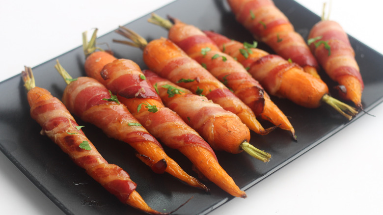 bacon-wrapped, maple-flavored carrots