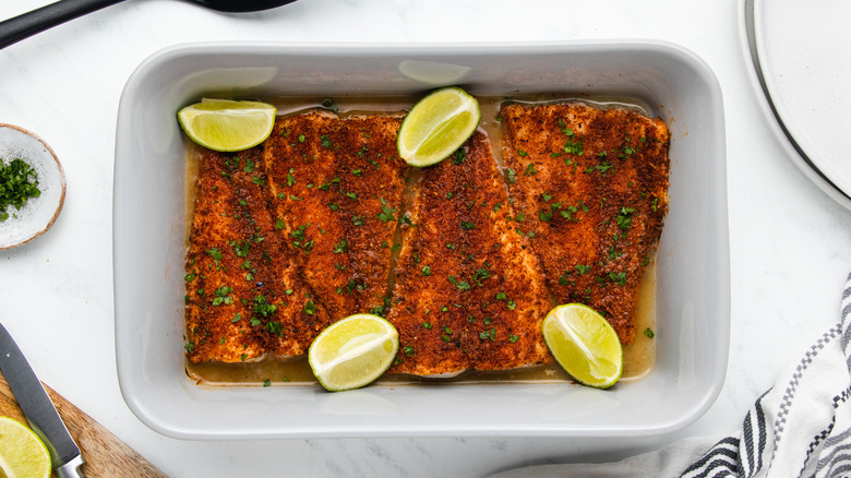 Baked tilapia in oven dish