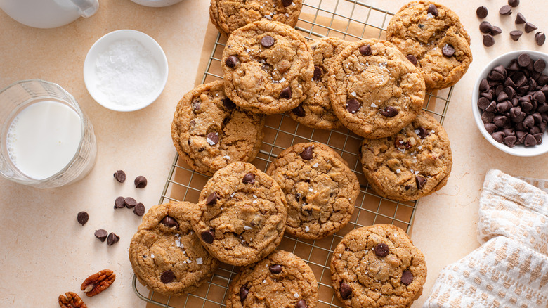 Chocolate chip cookies with salt on cooling rack