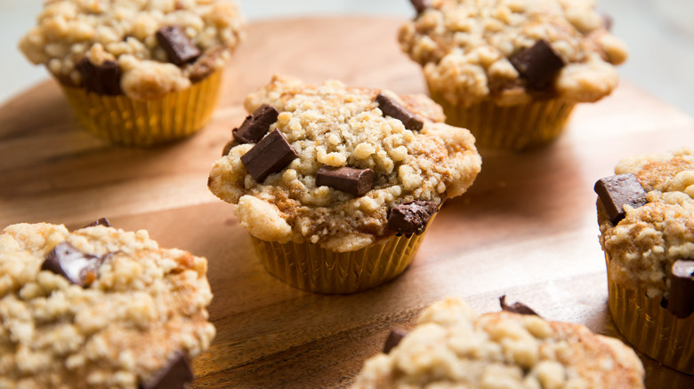 chocolate banana muffins on stand