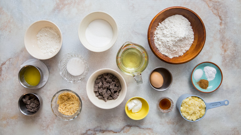 banana chocolate chip muffin ingredients on table