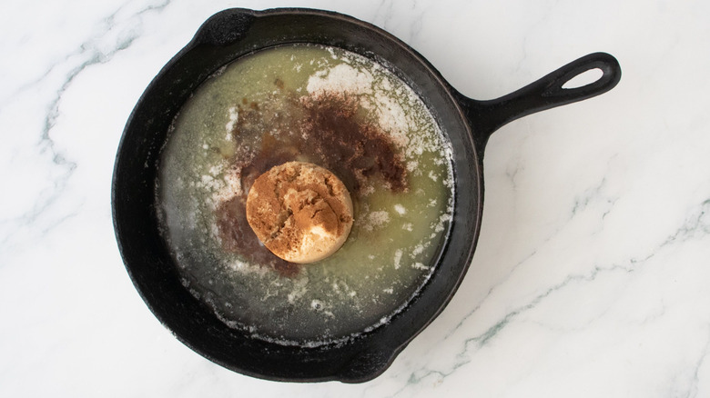 Melted butter, brown sugar, and cinnamon in skillet