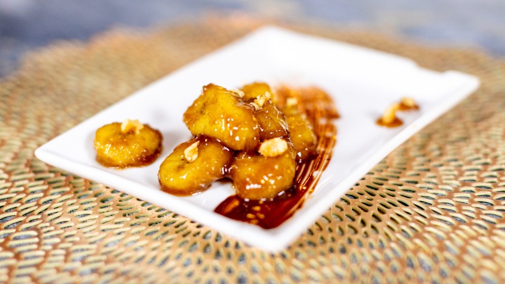 Bananas Foster on rectangular white plate