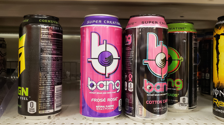 A selection of Bang energy drinks on store shelves