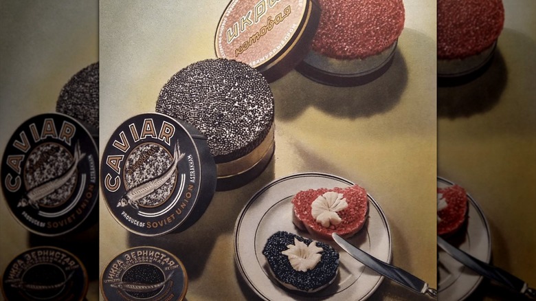 Red and black Soviet caviar with plate and knife