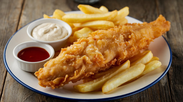 A plate of fish and chips served with tartar sauce and malt vinegar.