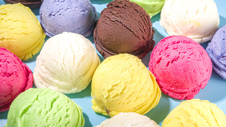 Scoops of ice cream in different flavors and colors