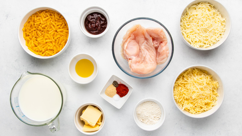 BBQ chicken mac & cheese ingredients laid out