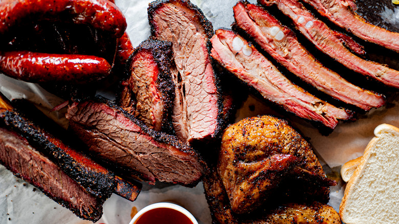 barbecue ribs, sausage, and brisket