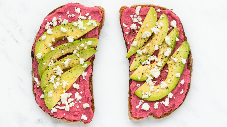 beetroot hummus toast with avocado