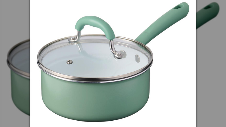 A green Crofton sauté pan on display