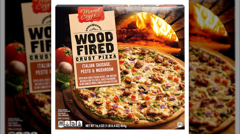 A Mama Cozzi's frozen pizza box on display